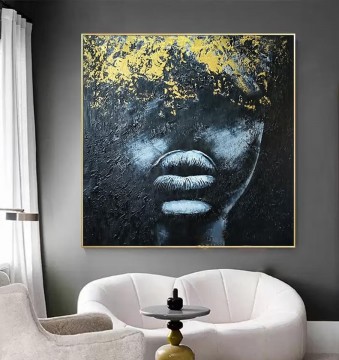 Textura de labios de cara africana negra y dorada Pinturas al óleo